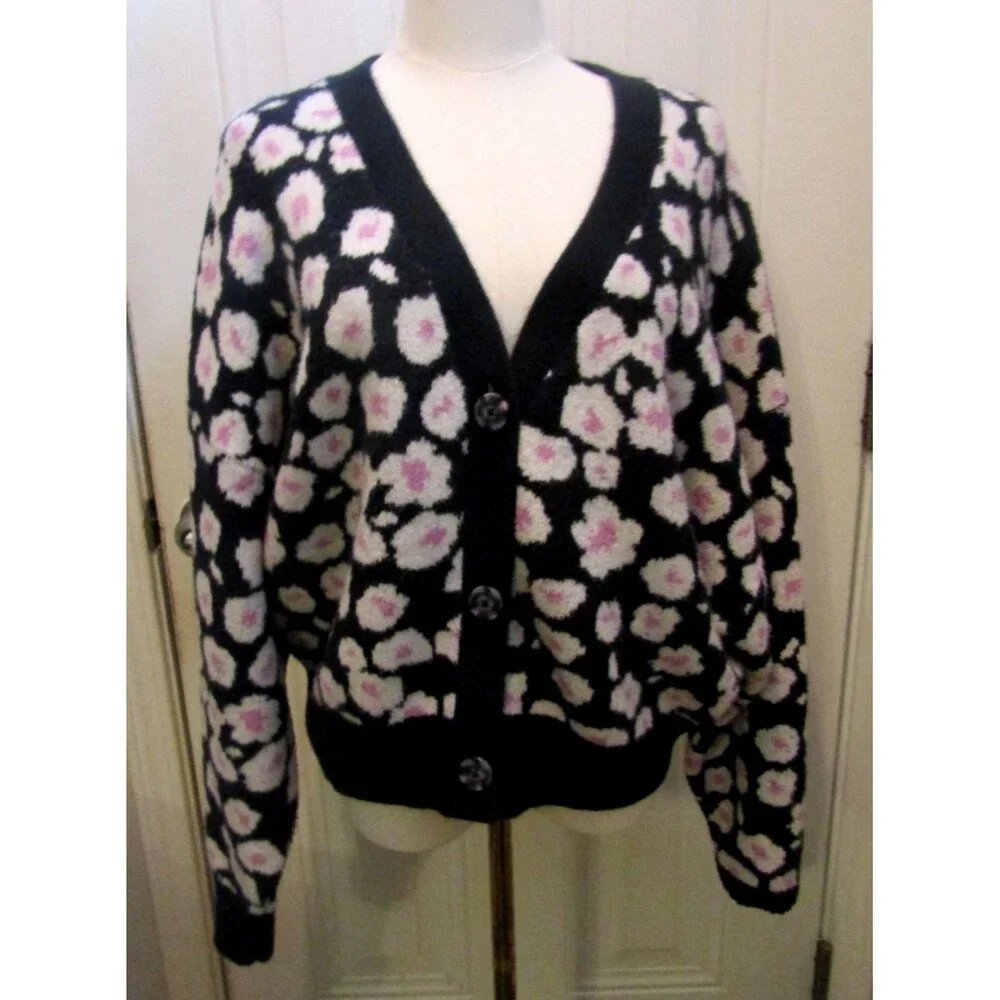 UGG Shaina Floral Cardigan Sweater L Black Pink Daisy Cottagecore Cozy Chic